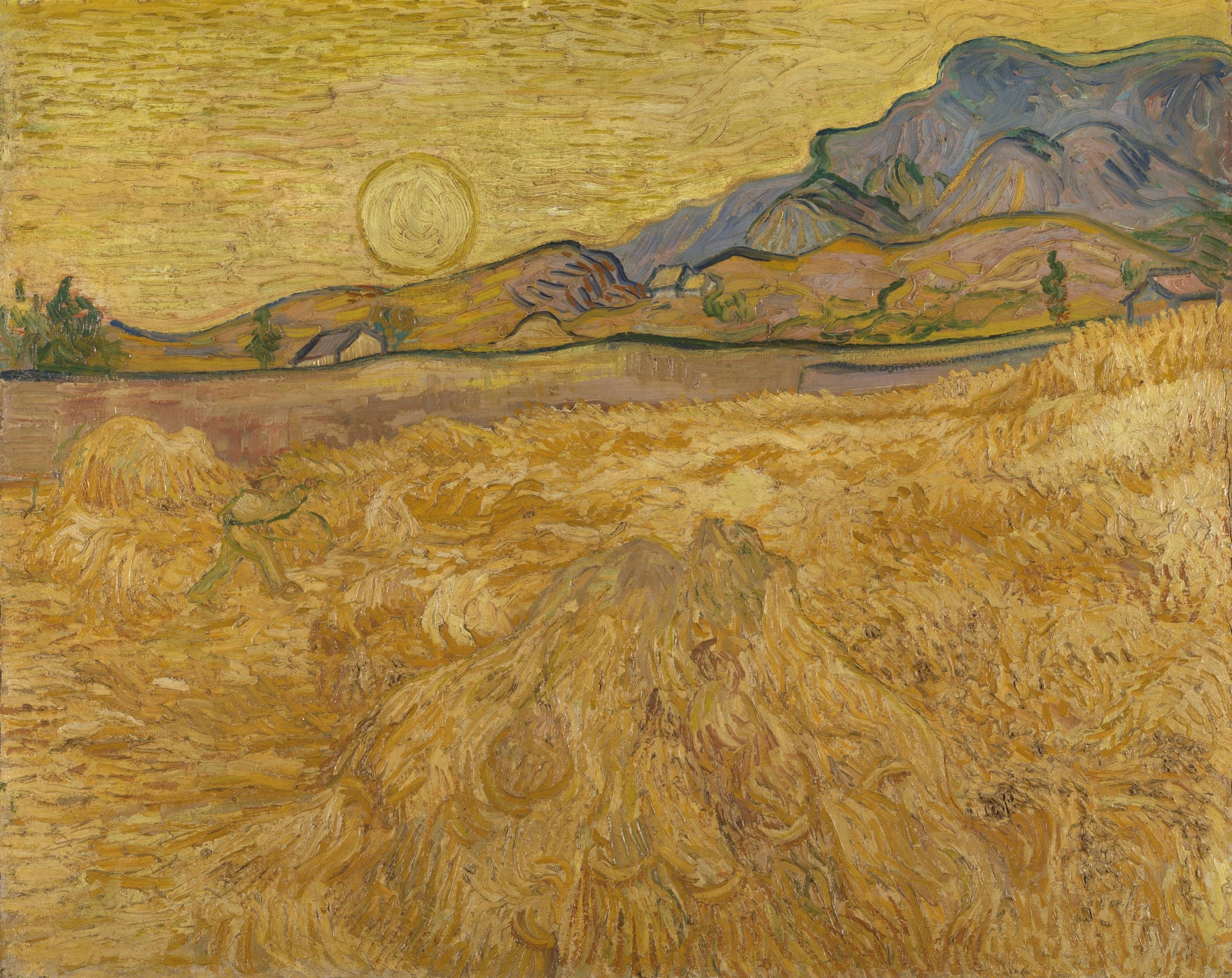 Champ de blé avec faucheuse et soleil F617 de Vincent van Gogh