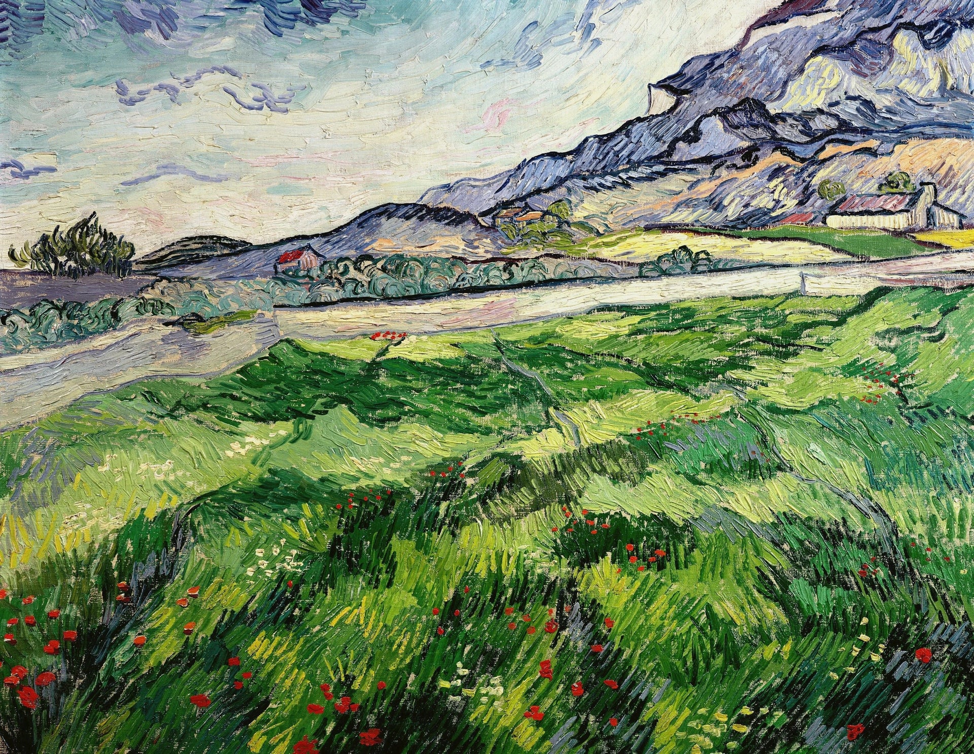 Champ de blé vert F718 de Vincent van Gogh, paysage peint à Saint-Rémy en 1889