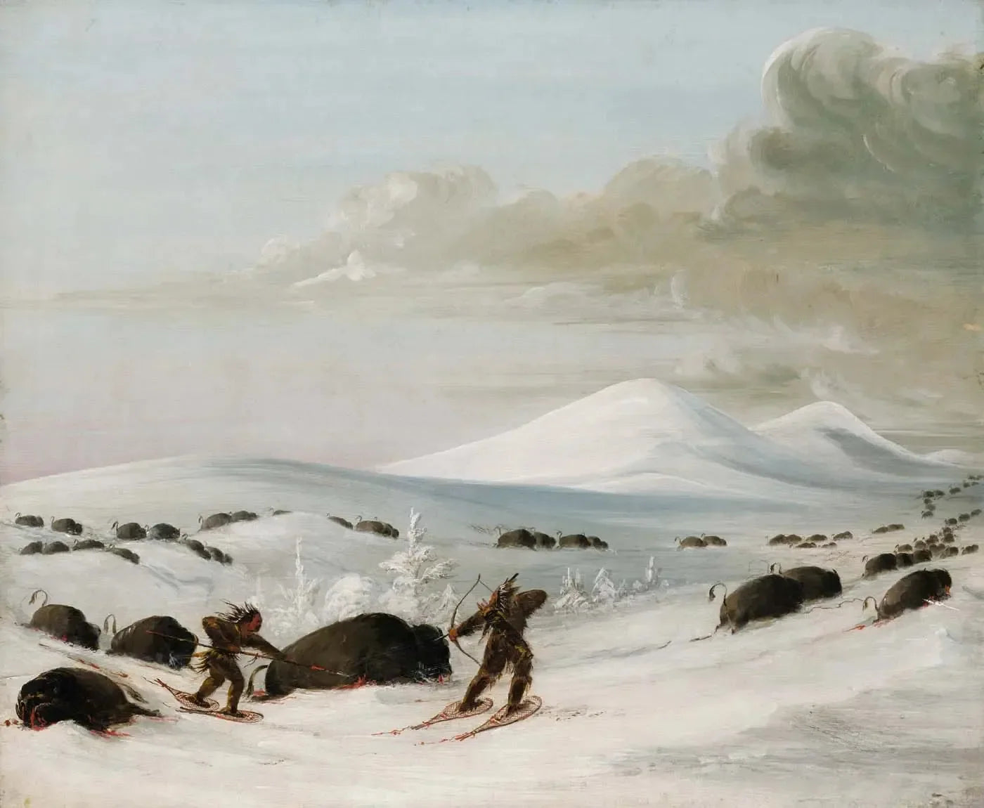 Chasse au bison dans les congères, poursuite par des Indiens en raquettes - George Catlin image 1 reproduction artisanale de tableau