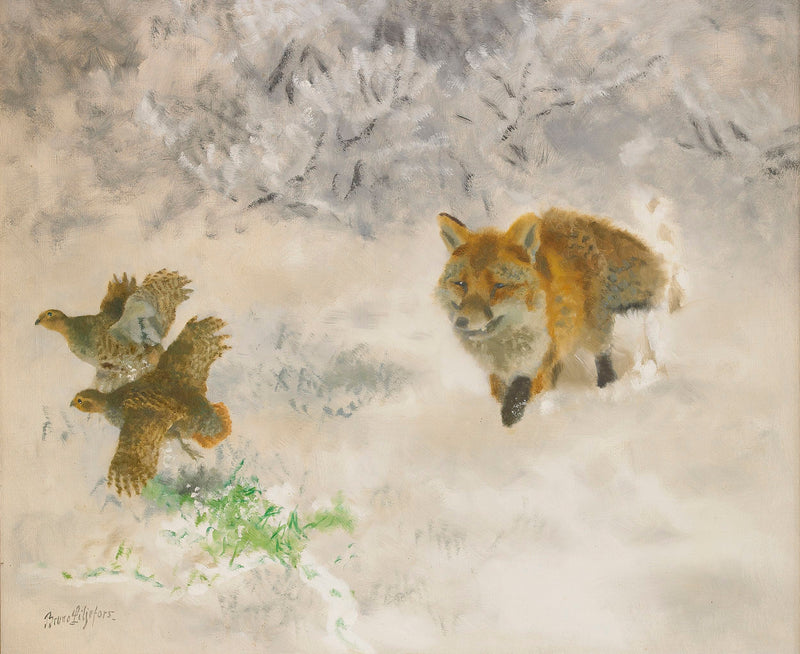 Chasse au renard et aux tétras lyres dans un paysage hivernal - Bruno Liljefors
