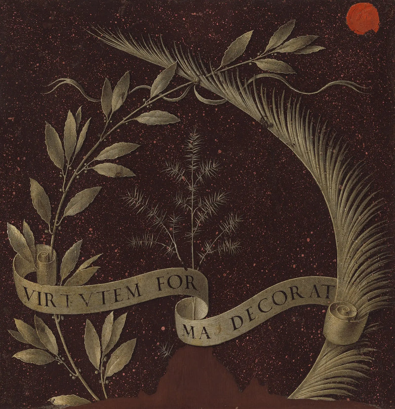 إكليل من الغار والنخيل والعنبر مع ورقة تحمل النقش Virtutem Forma Decorat [الظهر] - ليوناردو دا فينشي