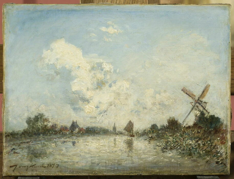 Cours d eau en Hollande avec barque et moulin - Johan Barthold Jongkind