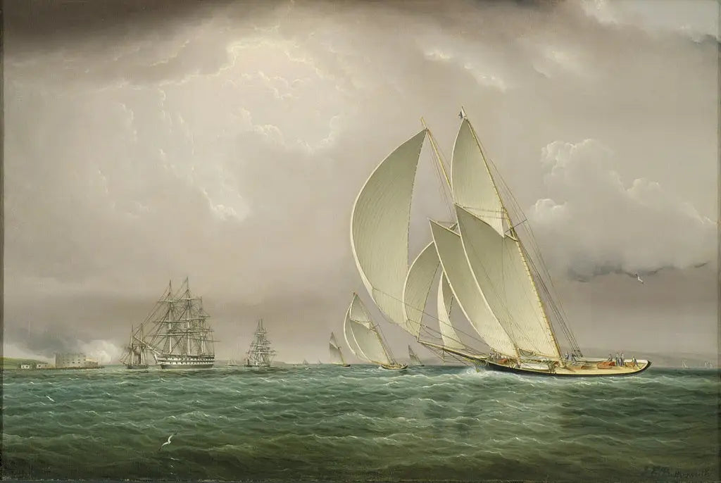 Course de yachts dans le port de New York avec salut naval au château William sur l'île du Gouverneur - James E. Buttersworth image 1 copie de tableau peinte à la main