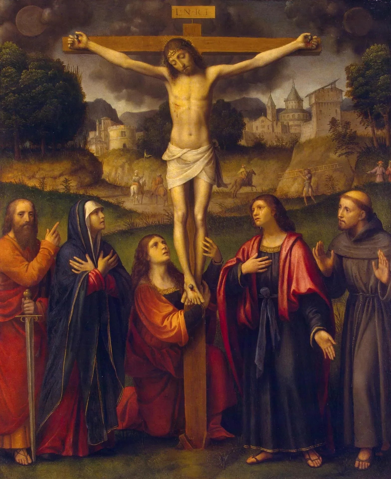 Crucifixion avec la Vierge et les saints Paul, Marie-Madeleine, Jean et François - Bernardino Luini image 1 copie de tableau peinte à la main