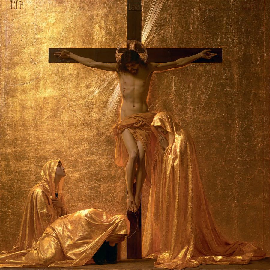 Crucifixion classique verticale sur fond d’or avec trois figures en drapés clairs