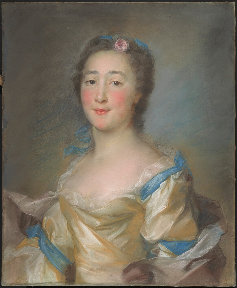 A Young Lady in a Yellow Gown with Blue Ribbons - Jean-Baptiste Perronneau