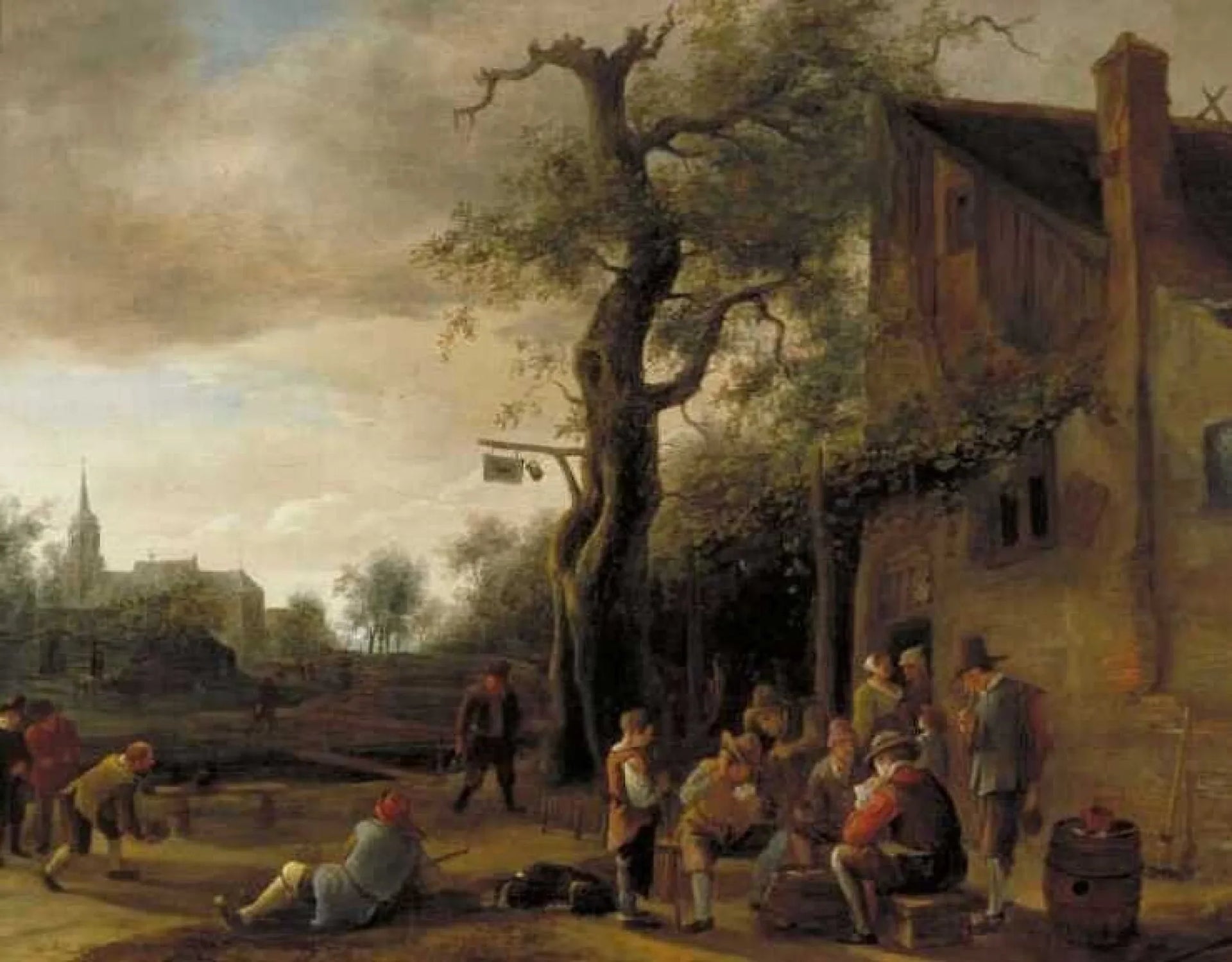 Des joueurs de cartes et des joueurs de bowling près d'une auberge - Jan Steen image 1 reproduction artisanale de tableau