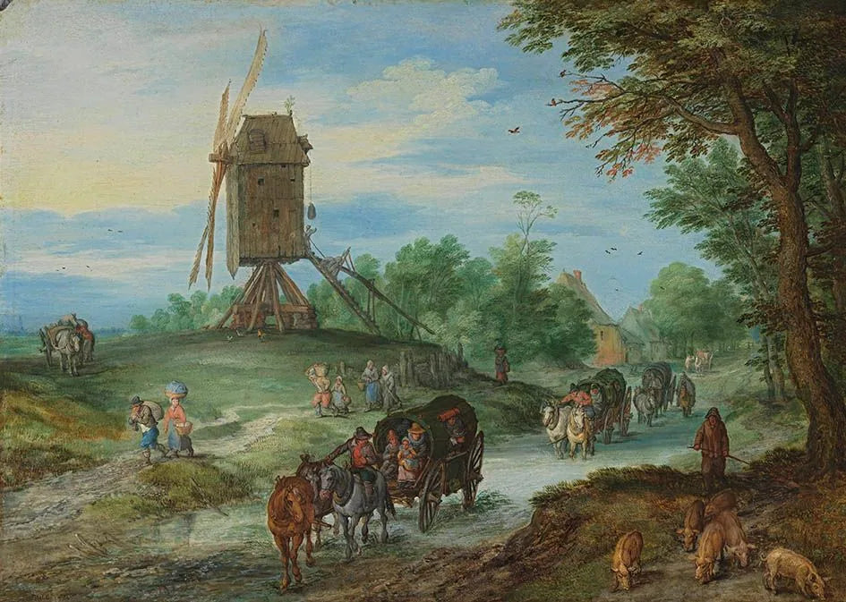 Des voyageurs sur une route inondée près d'un moulin à vent - Jan Brueghel l'Ancien image 1 reproduction artisanale de tableau