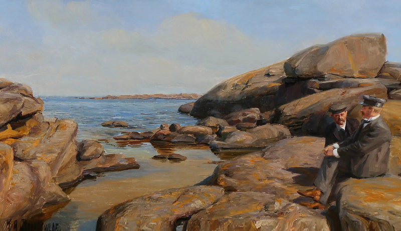 رجلان يتحدثان على شاطئ صخري - هـ. أ. برينديكيلد