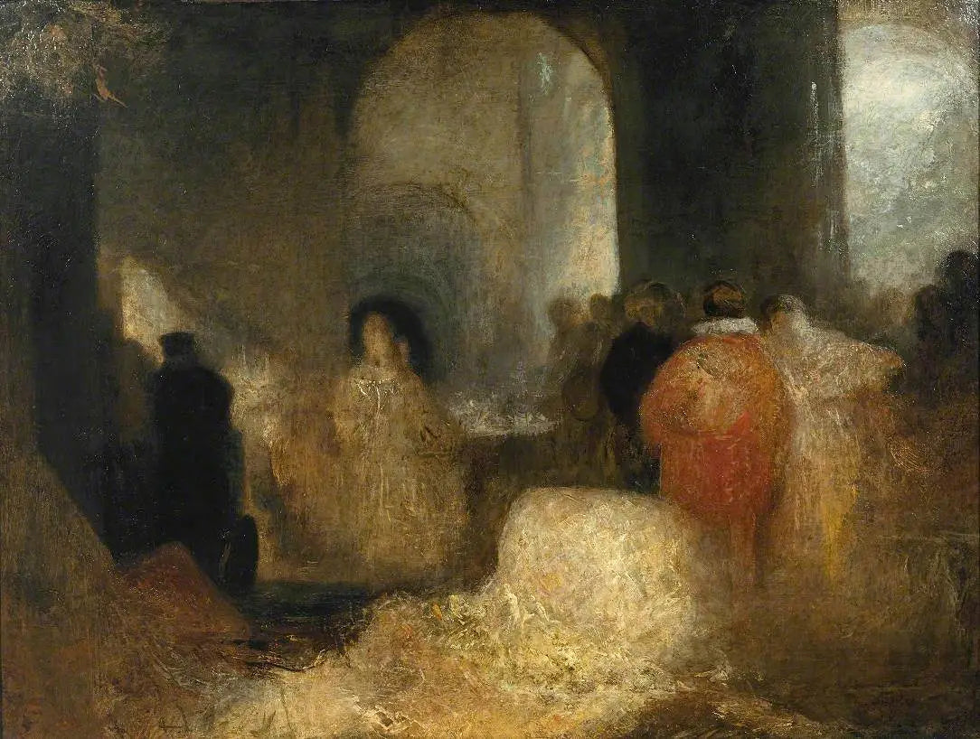 Reproduction du tableau « Dinner in a Great Room with Figures in Costume - J. M. W. Turner » par Alpha Reproduction en peinture à l’huile