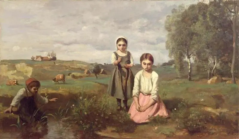 Enfants au bord d'un ruisseau dans la campagne à Lormes - Jean-Baptiste Camille Corot image 1 reproduction artisanale de tableau