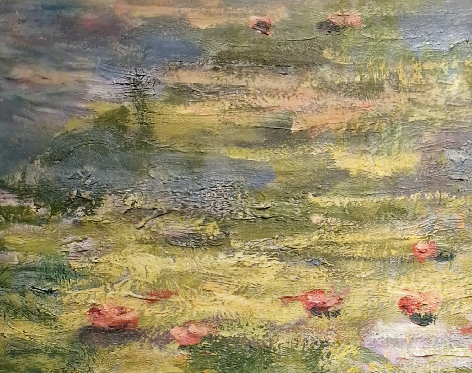 Détail des nymphéas roses, des reflets et de la matière dans Water Lily Pond de Claude Monet