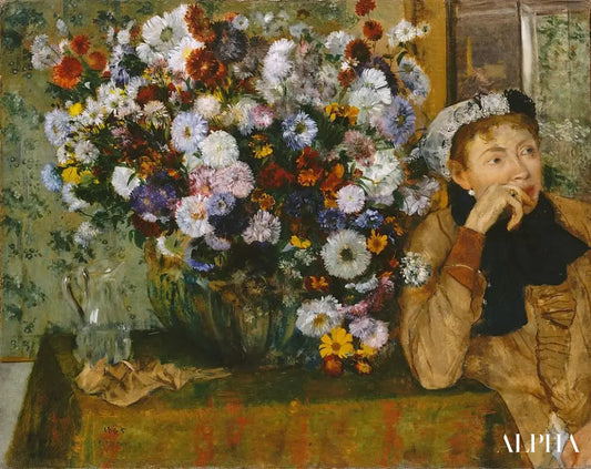 Femme assise à côté d'un vase de fleurs - Edgar Degas - Reproductions de tableaux et peintures haut de gamme