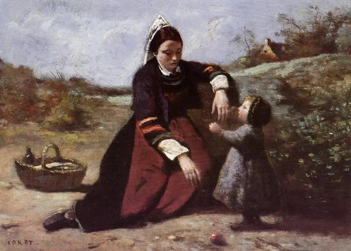 Femme bretonne et sa petite fille - Jean-Baptiste Camille Corot image 1 reproduction de peinture à l’huile
