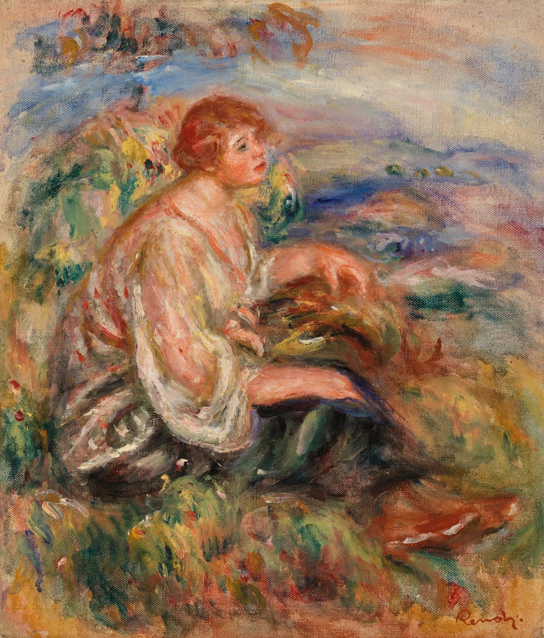 Femme en chemisier de tulle et en jupe noire dans un paysage - Pierre-Auguste Renoir image 1 copie peinte à la main à l’huile