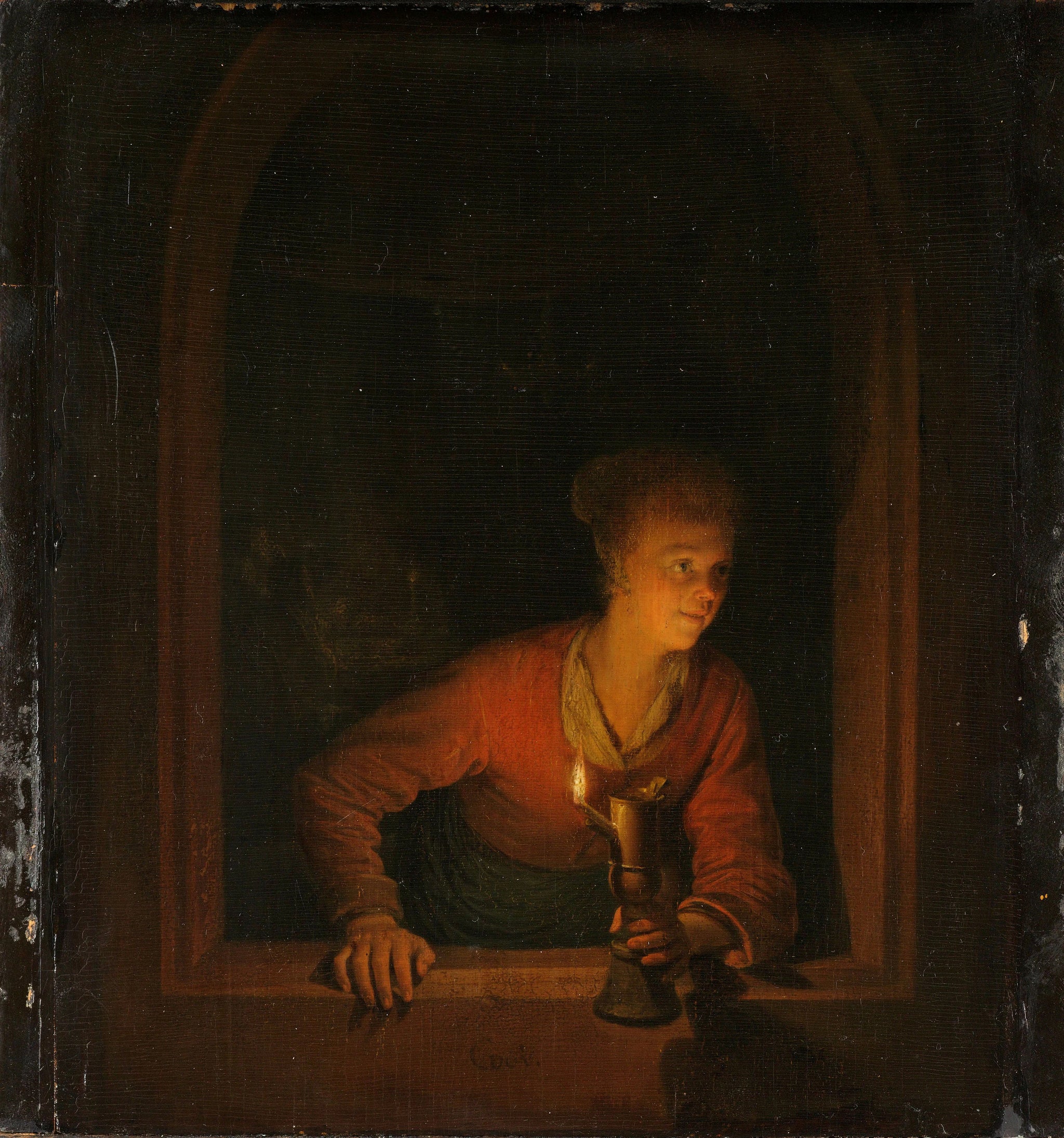 Fille avec lampe à huile devant une fenêtre - Gérard Dou