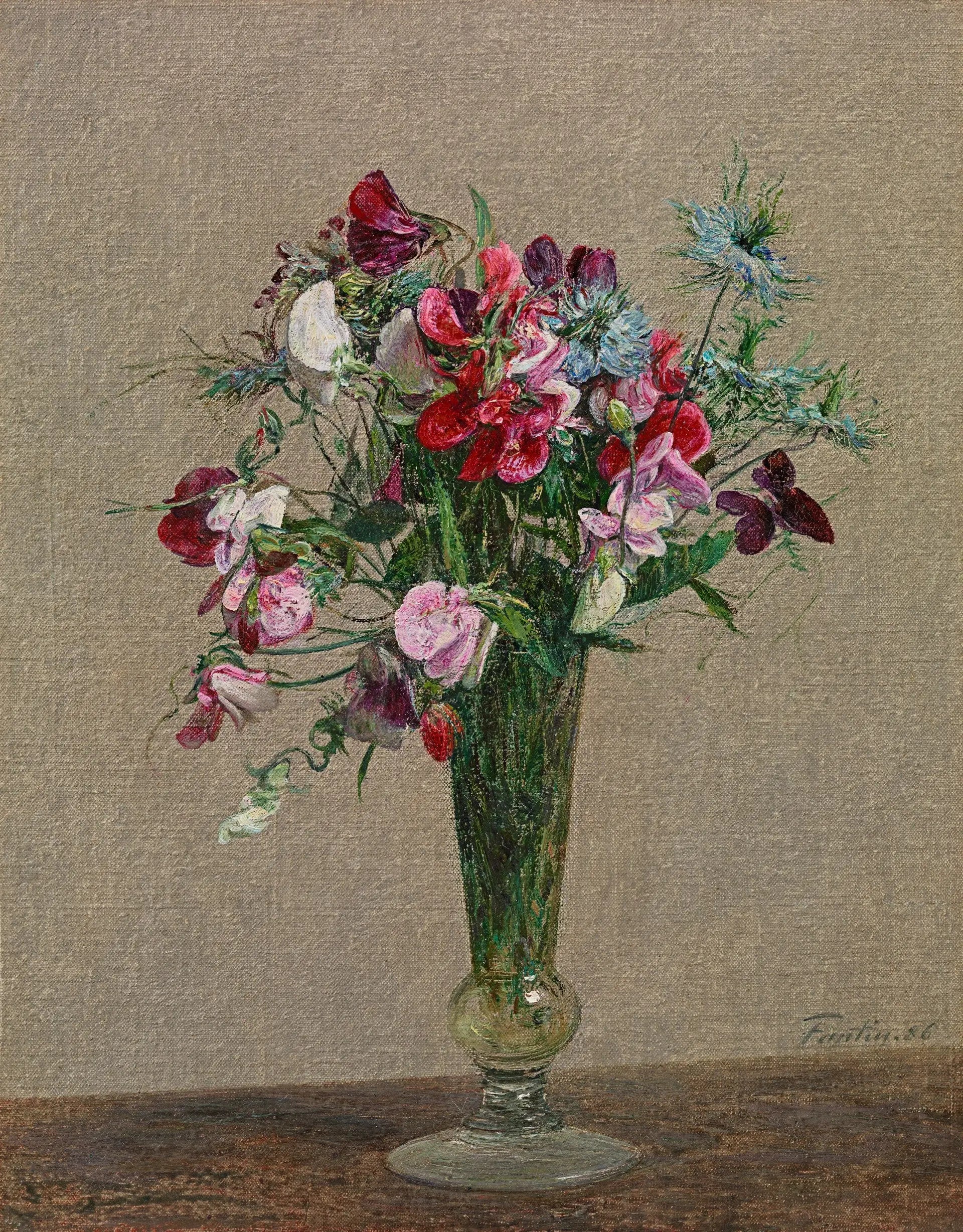 Fleurs pois de senteurs et nigelles dans un petit vase - Henri Fantin-Latour - Alpha Reproduction