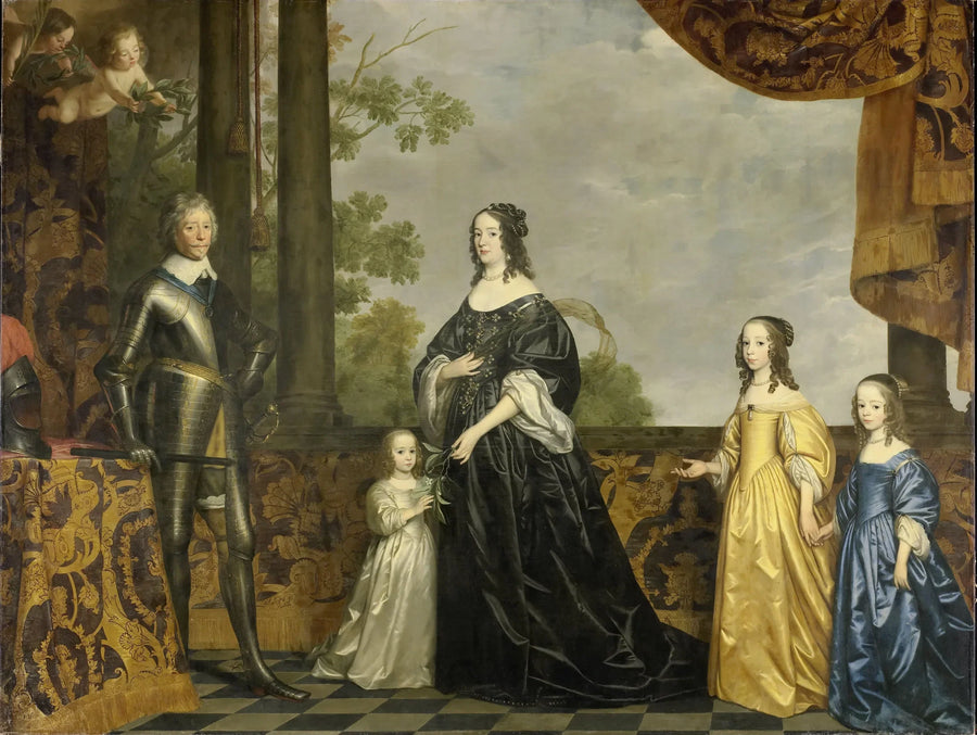 فريديريك-هنري (1584-1647)، أمير أورانج، زوجته أميلي فان سولمس (1602-1675) وبناته الثلاث الأصغر، ألبيرتين أغنيس (1634-1696)، هينرييت كاثرين (1637-1708) وماري (1642-1688) - جريت فان هونثوست