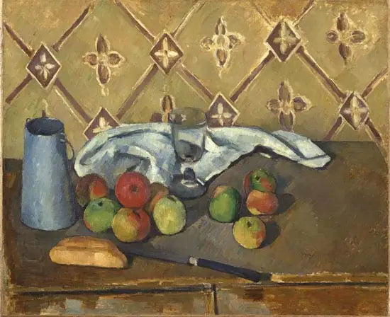 Reproduction du tableau « Fruits, serviette et boîte à lait - Paul Cézanne » par Alpha Reproduction en peinture à l’huile