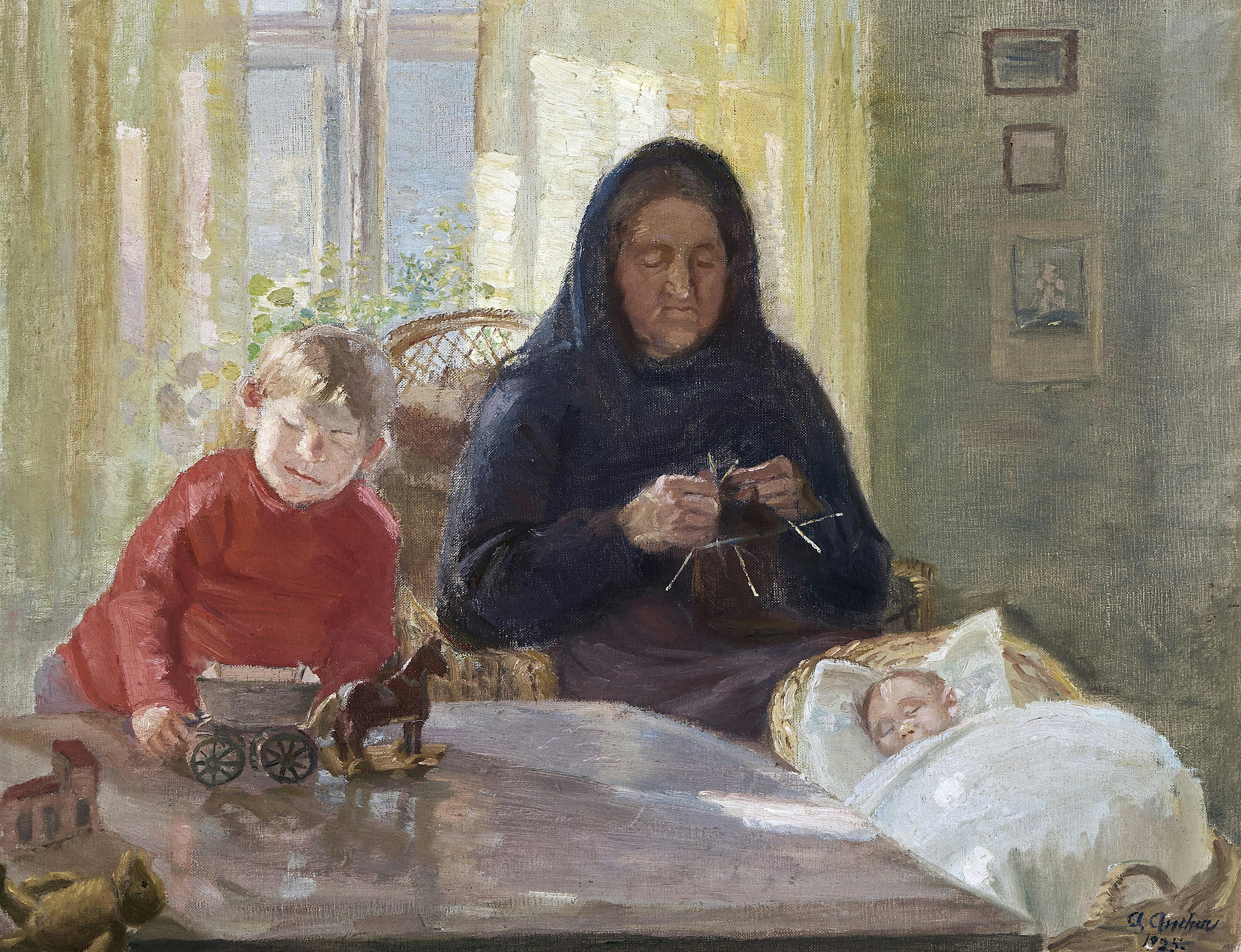 Grand-mère surveille les enfants. - Anna Ancher image 1 copie peinte à la main à l’huile
