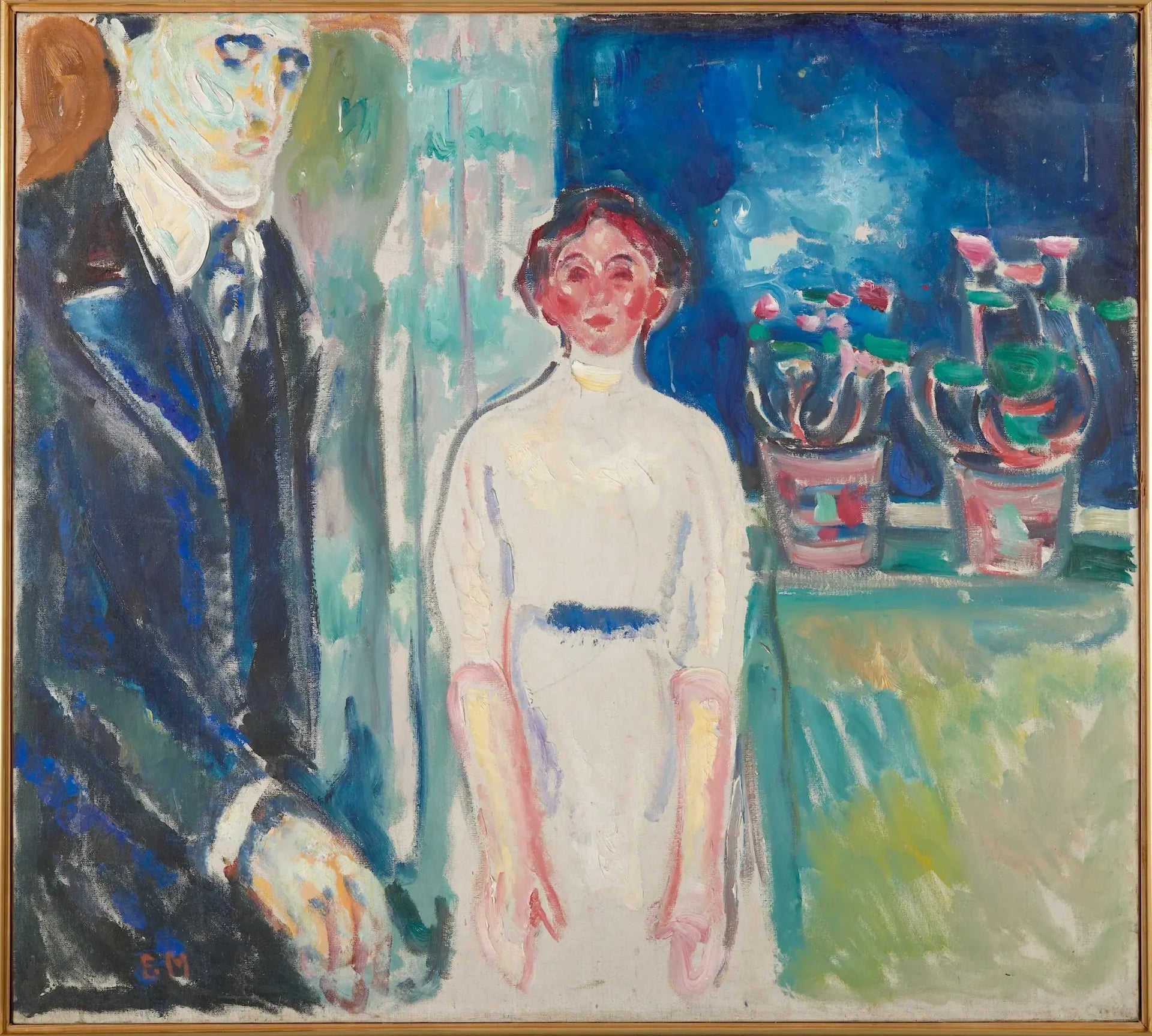 Homme et Femme près de la fenêtre avec des plantes en pot - Edvard Munch image 1 copie peinte à la main à l’huile