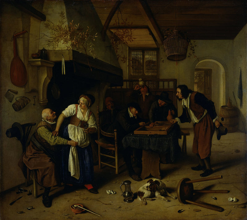 Intérieur de l'auberge avec un vieil homme s'amusant avec la propriétaire et des joueurs de friandises, connu sous le nom de « Double Game » - Jan Steen