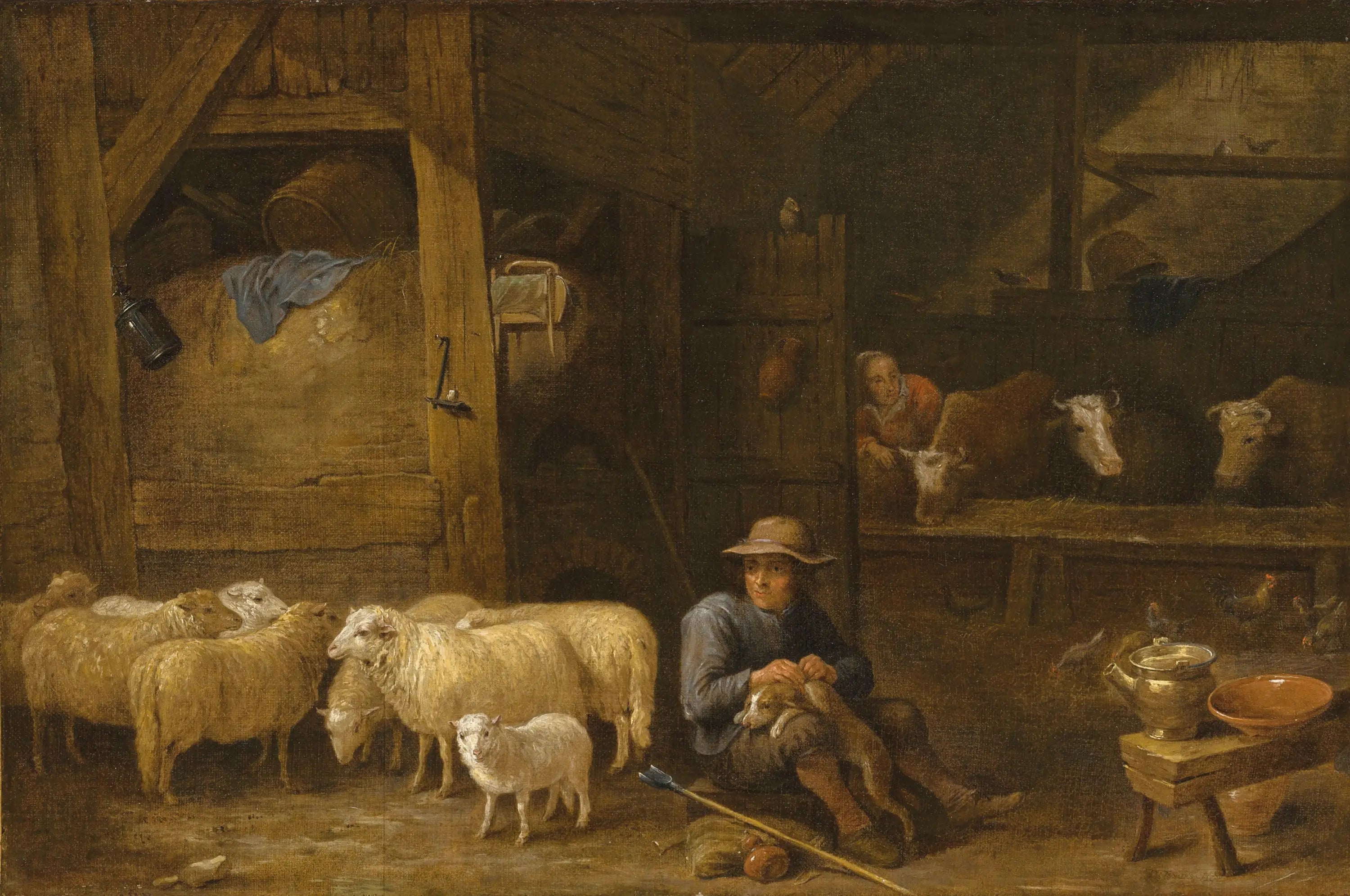 Intérieur d'une grange avec un berger et son troupeau - David Teniers le Jeune image 1 reproduction artisanale de tableau
