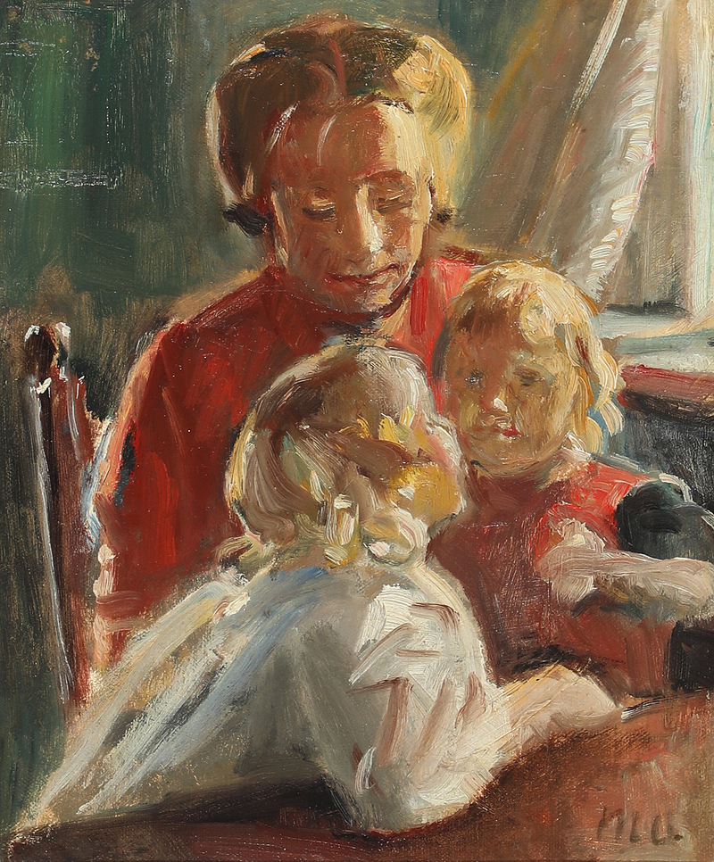 Intérieur ensoleillé avec une mère et ses deux filles. - Michael Peter Ancher