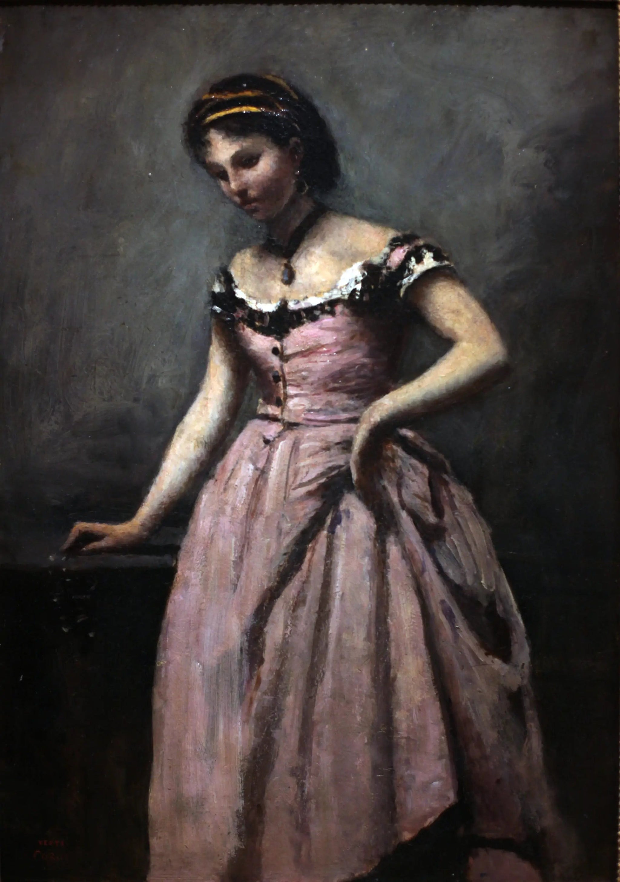 Jeune Femme à la robe rose - Jean-Baptiste Camille Corot image 1 copie de tableau peinte à la main