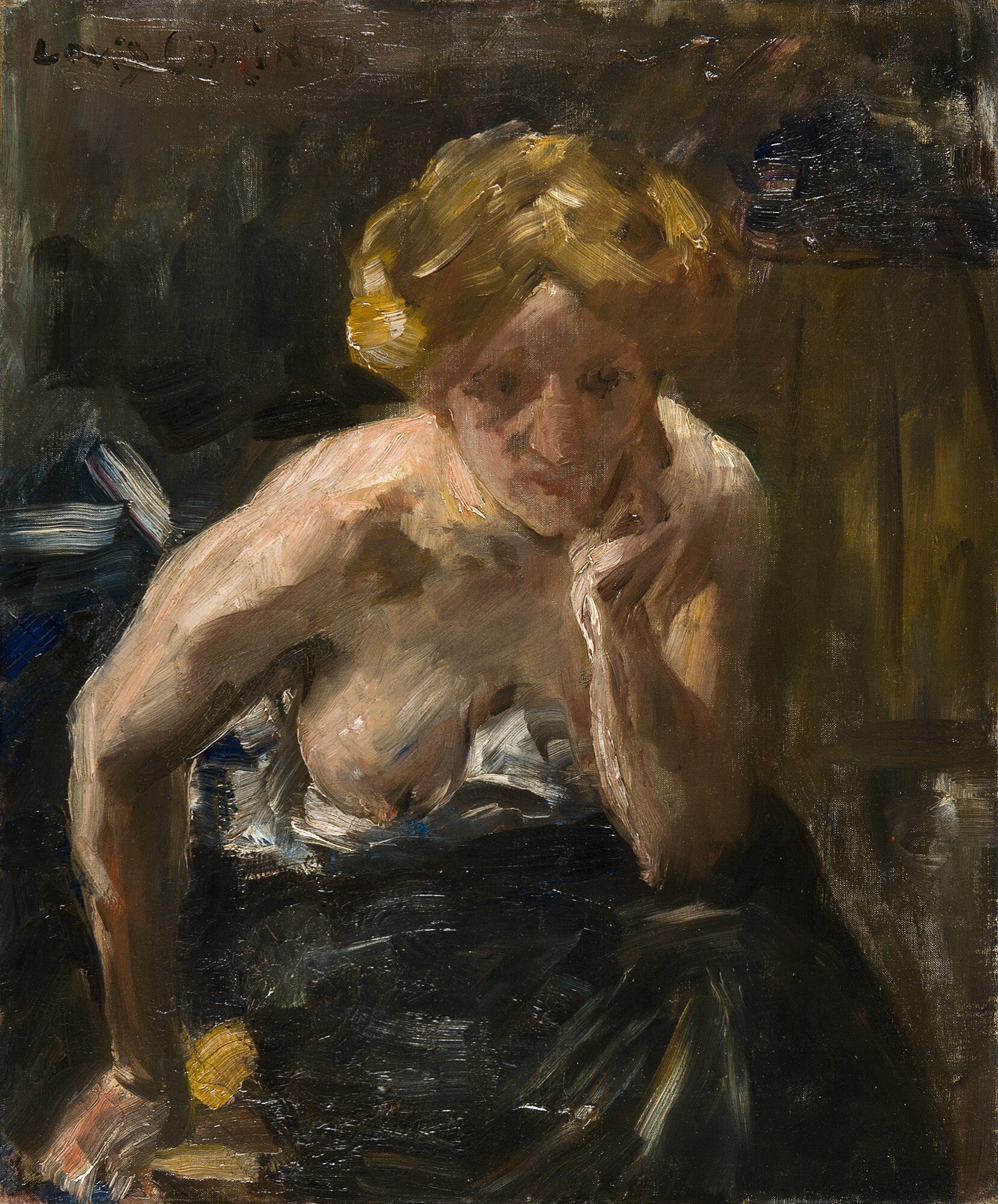 Jeune femme à moitié nue, la tête soutenue par sa main gauche - Lovis Corinth image 1 tableau peint à l’huile sur toile