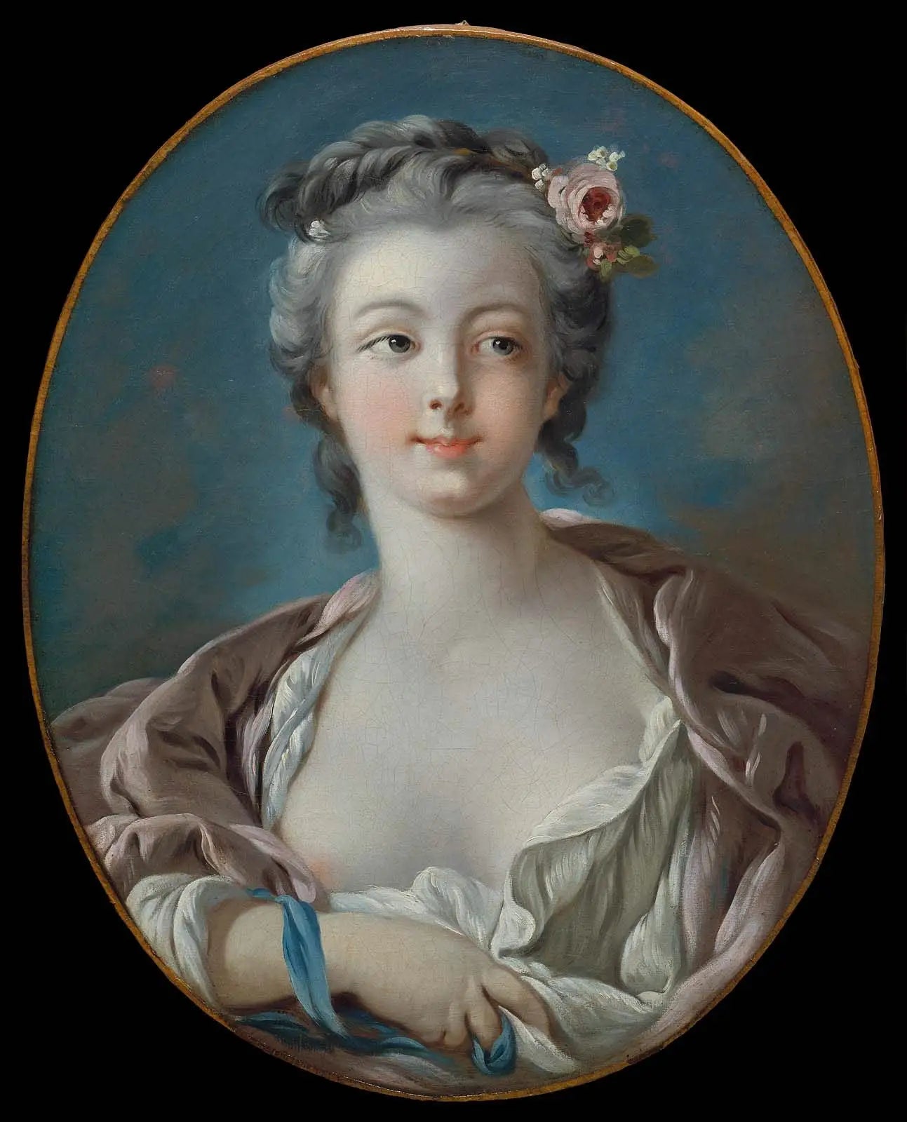 Jeune femme avec fleurs aux cheveux dite à tort Portrait de Madame Boucher - François Boucher - Alpha Reproduction