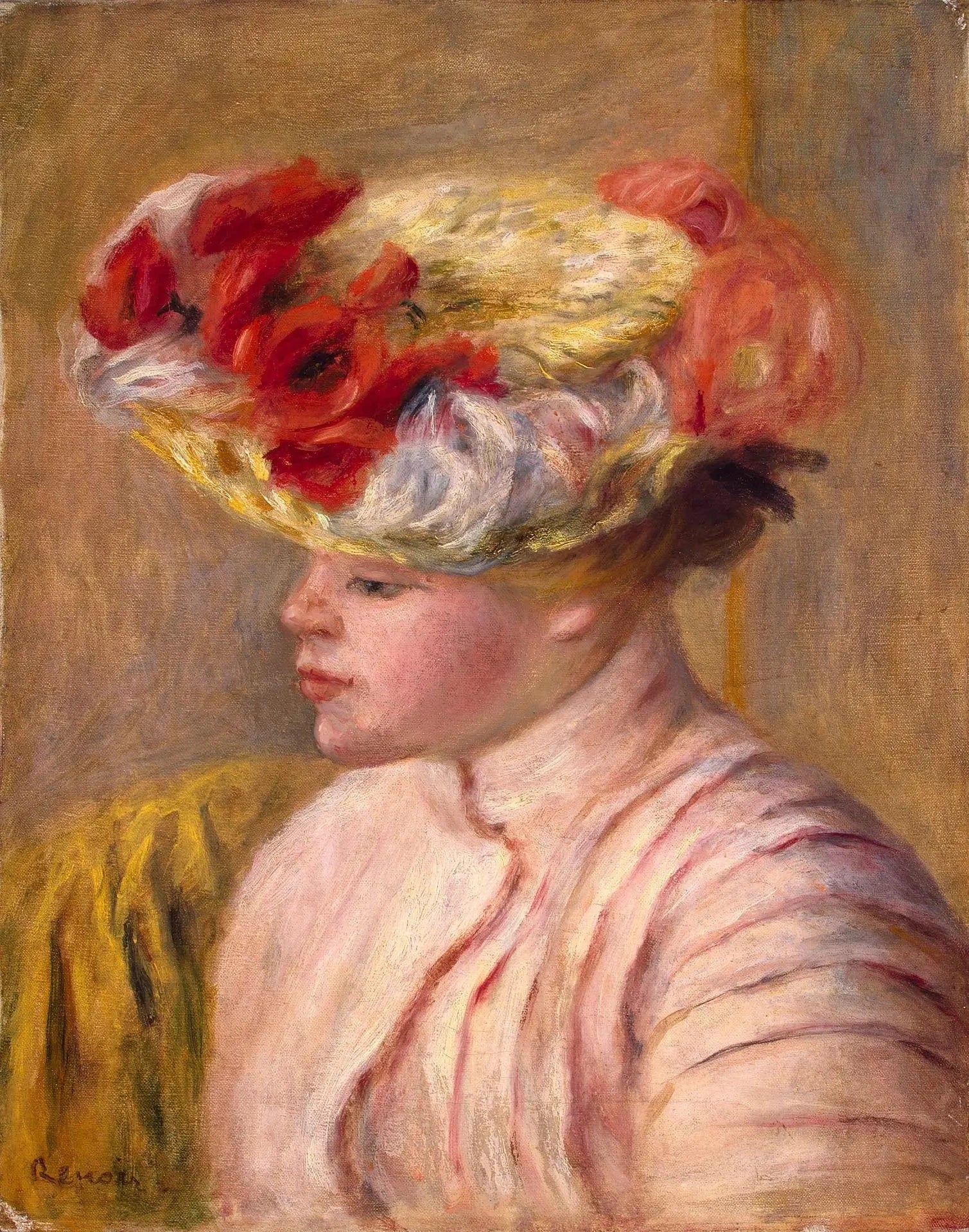 Jeune femme au chapeau fleuri, 1892, Renoir – reproduction peinture à l’huile