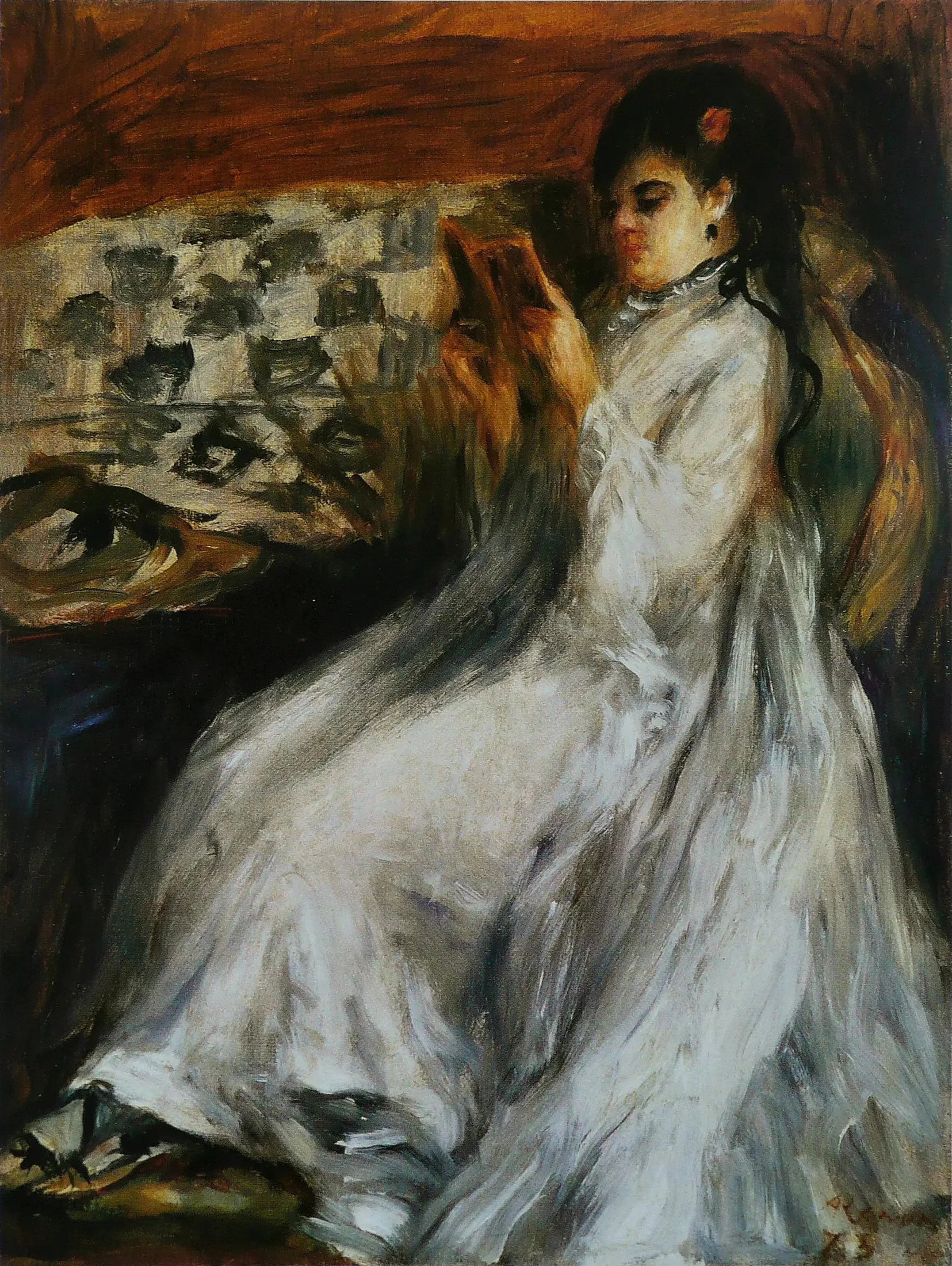 Jeune femme en blanc lisant - Pierre-Auguste Renoir image 1 copie de tableau peinte à la main