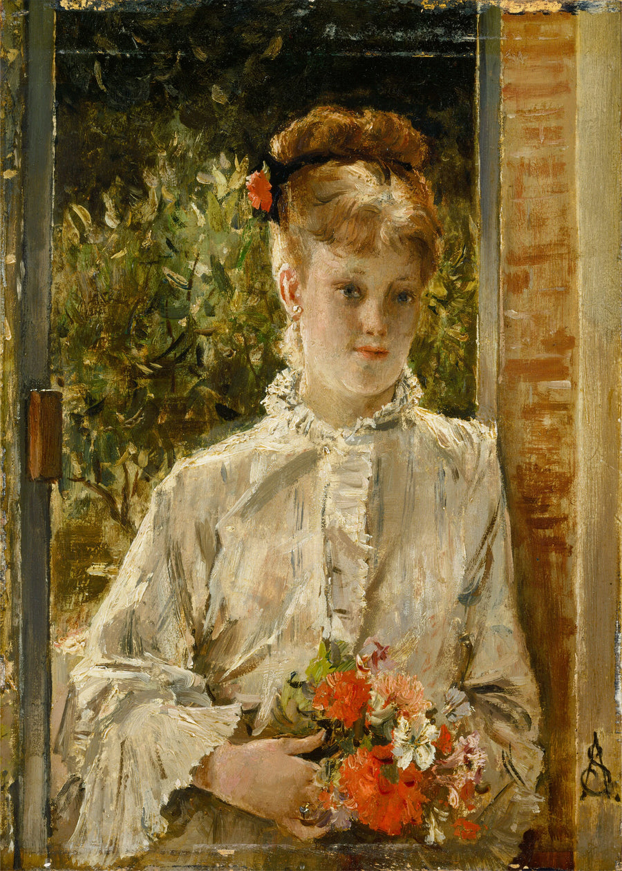 Jeune femme en blanc tenant un bouquet - Alfred Stevens
