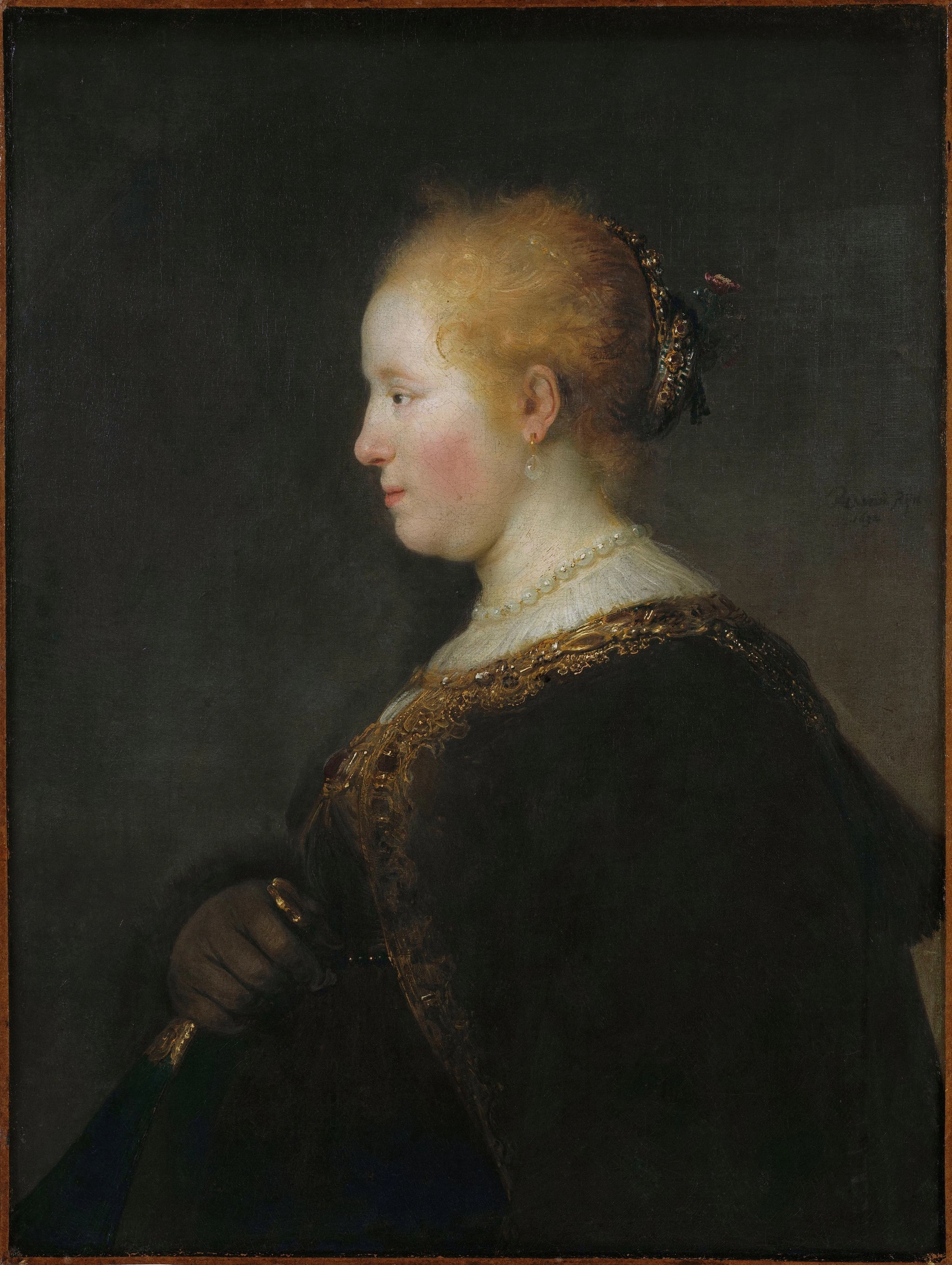Jeune femme de profil avec éventail — Rembrandt, 1632, Nationalmuseum
