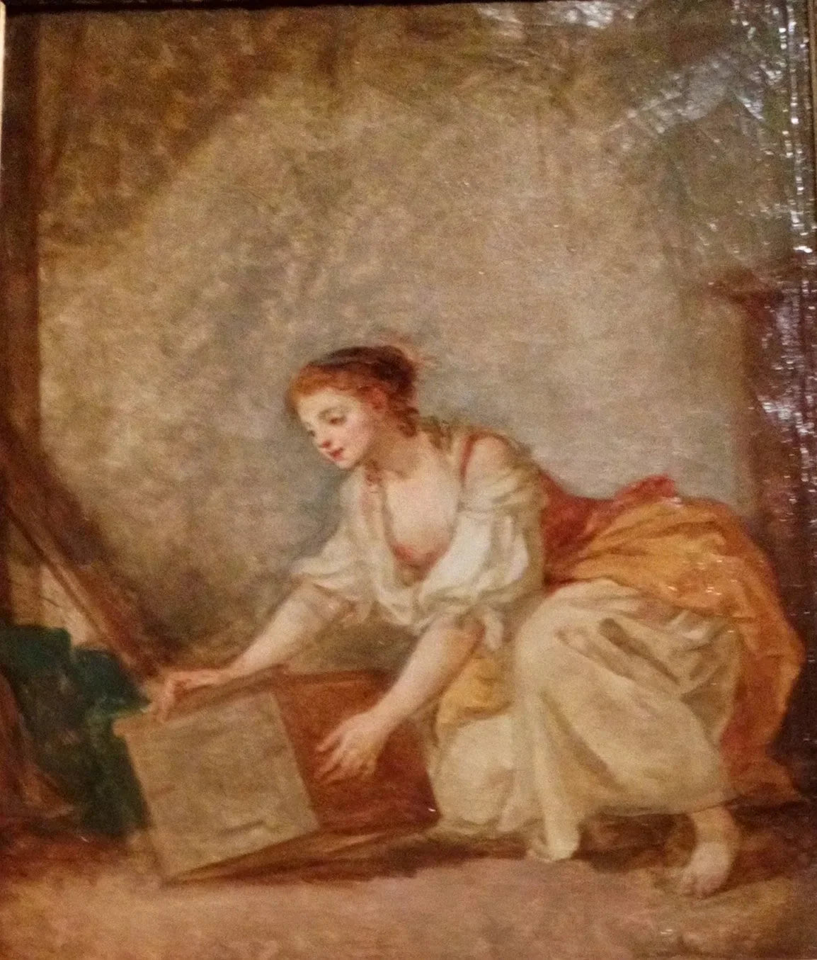 Jeune femme soulevant un coffret - Jean-Baptiste Greuze image 1 reproduction artisanale de tableau