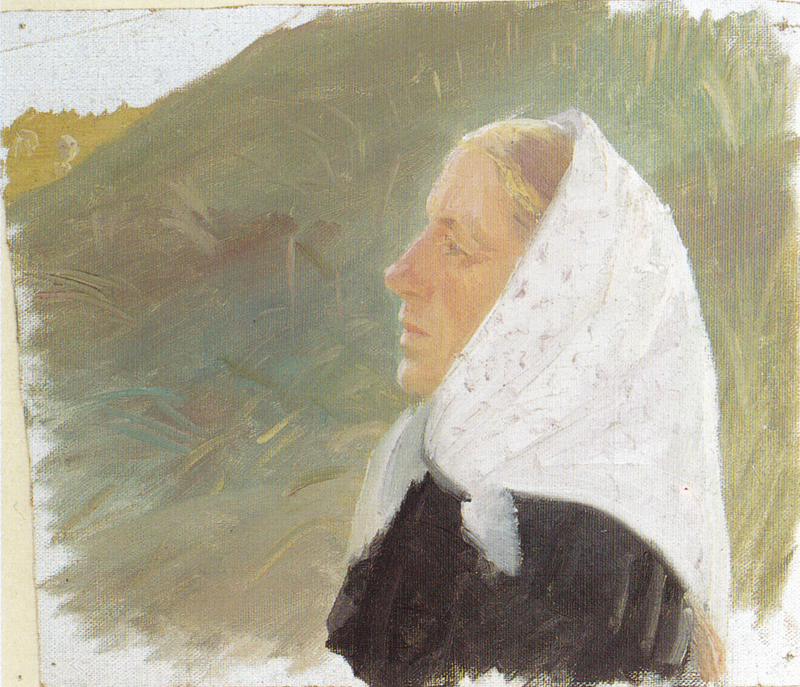Jeune femme vêtue de noir et coiffée d'un foulard blanc, assise dans les dunes - Anna Ancher