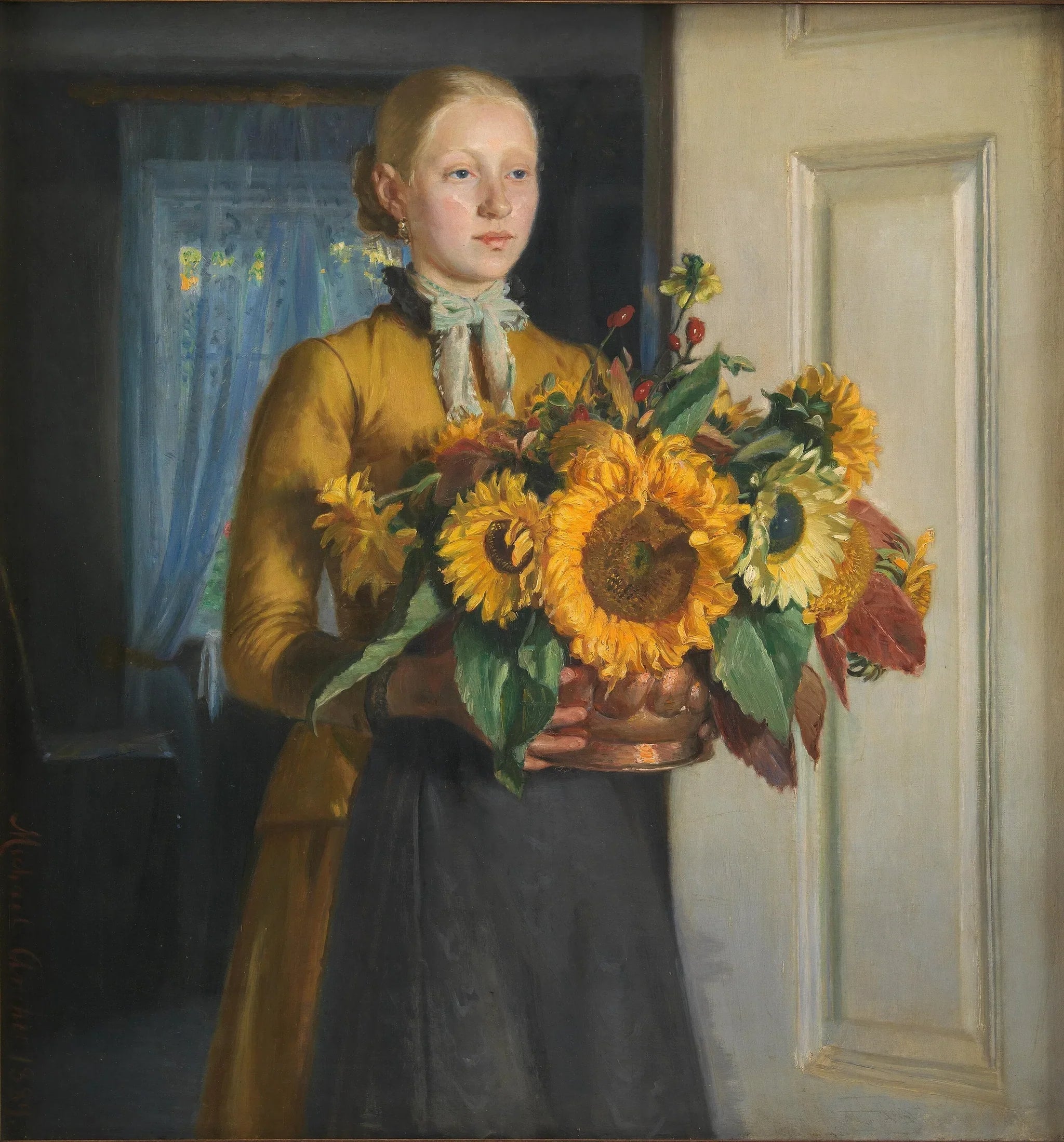 Jeune fille aux tournesols - Michael Peter Ancher image 1 copie de tableau peinte à la main