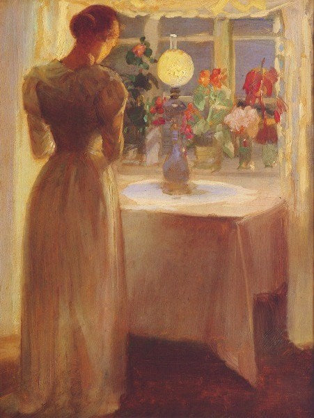 Jeune fille devant une lampe allumée - Anna Ancher