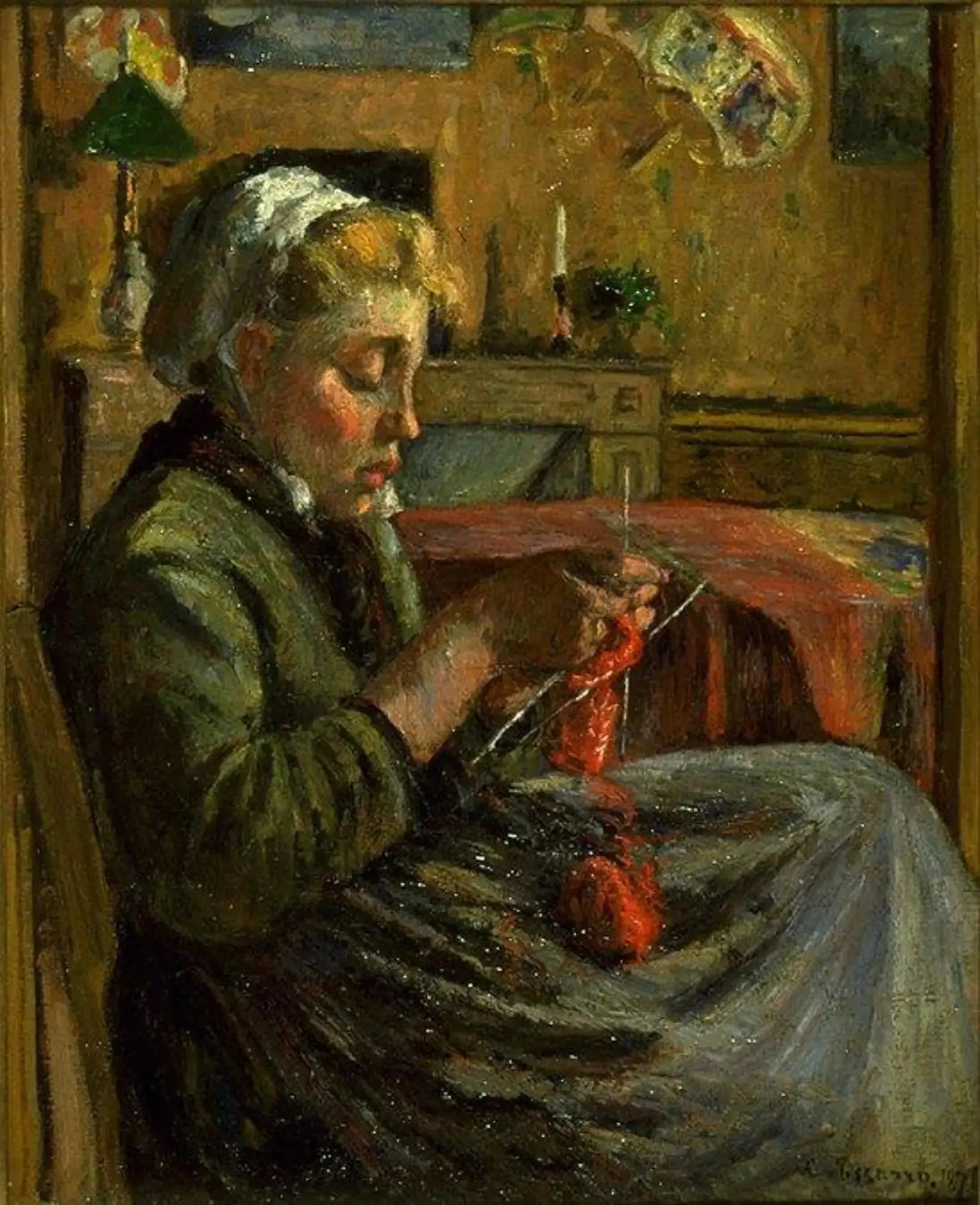 Jeune fille tricotant - Camille Pissarro image 1 reproduction d’œuvre d’art à l’huile