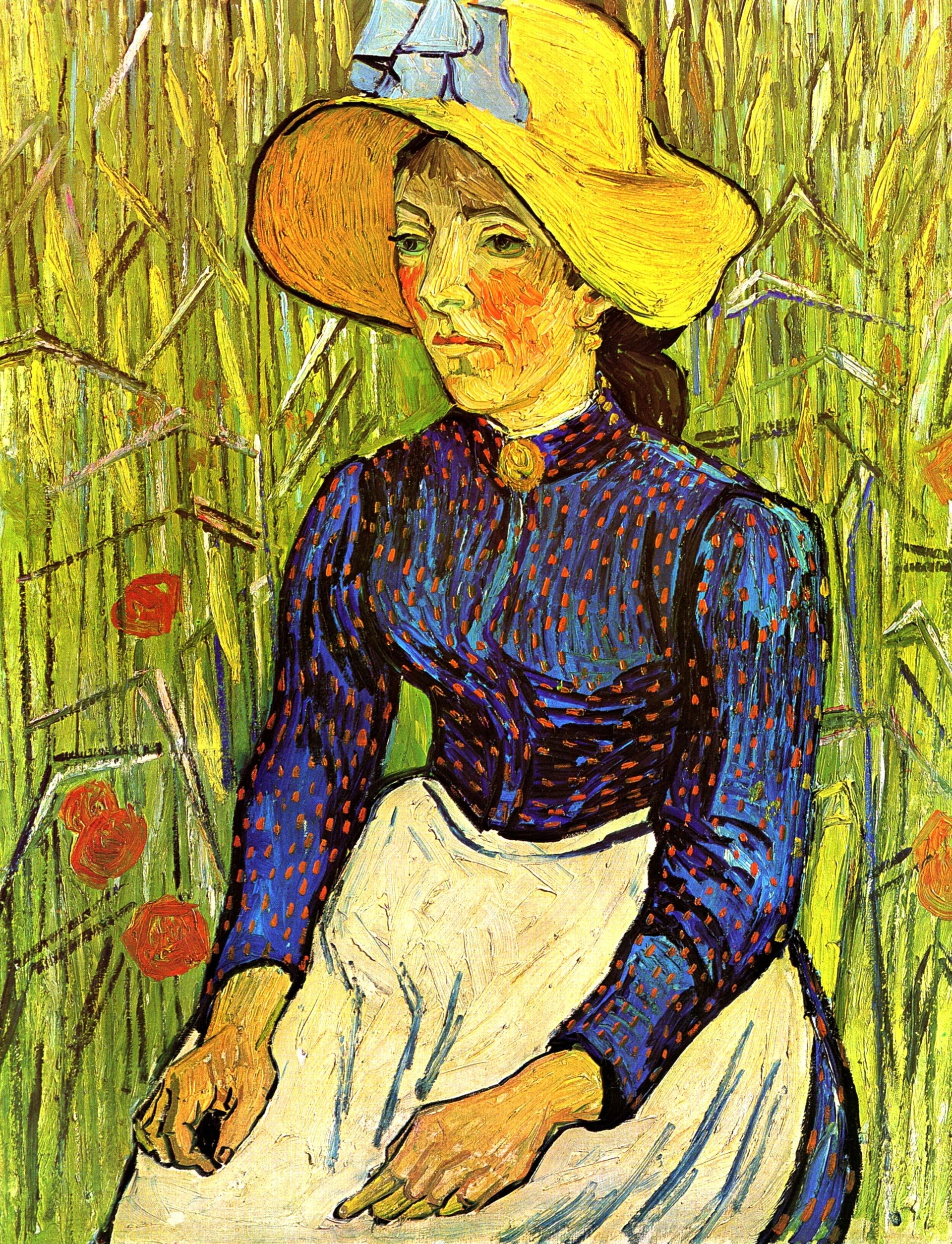 Jeune paysanne au chapeau de paille assise dans les blés, peinture de Vincent van Gogh, 1890