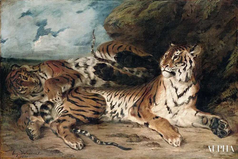 Jeune Tigre jouant avec sa mère - Eugène Delacroix - Reproductions de tableaux et peintures haut de gamme