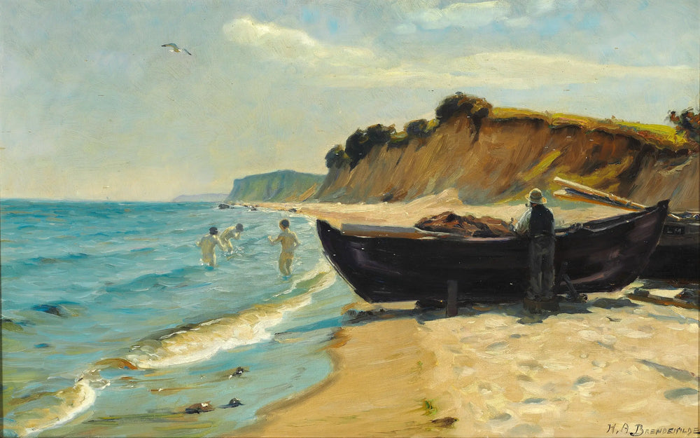 Journée d’été à la plage avec des garçons se baignant et un pêcheur sur son bateau - H. A. Brendekilde - Alpha