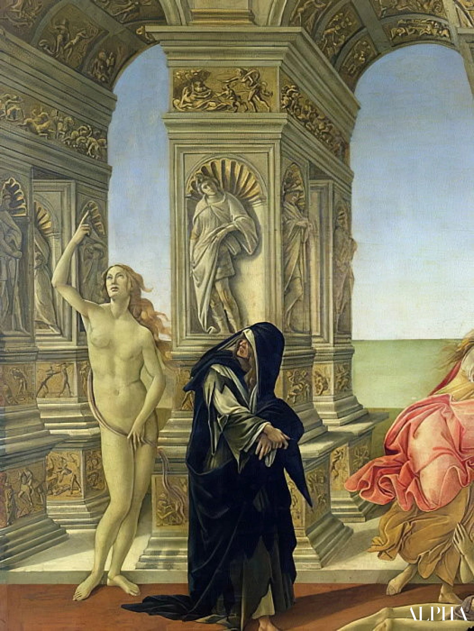 La Calomnie d'Apelles ; détail montrant la figure nue de la Vérité pointant vers le ciel et la Pénitence vêtue d'un habit dominicain en loques, 1497-98 détail de 31582 - Sandro Botticelli - Reproductions de tableaux et peintures haut de gamme