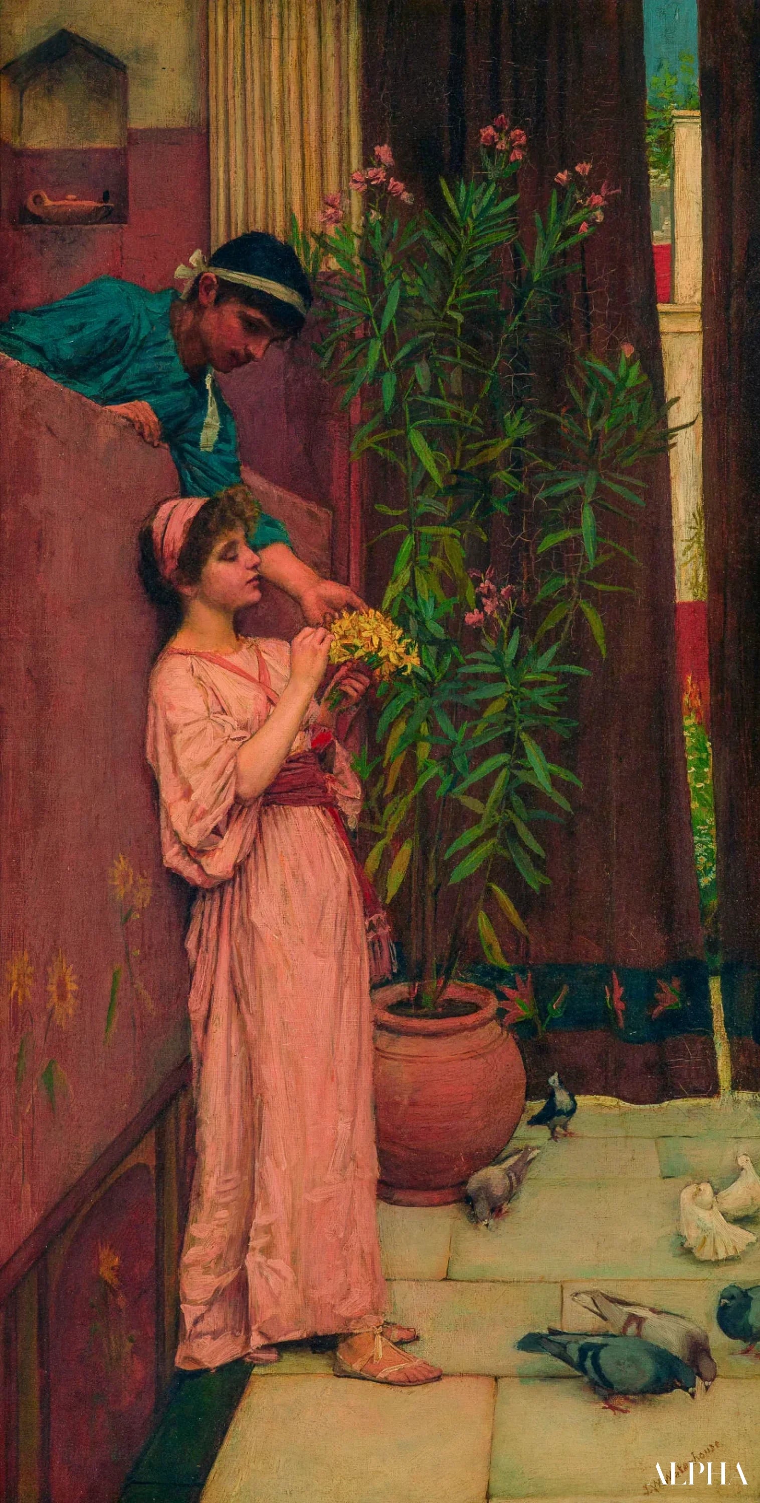 Reproduction du tableau « La cour / Les offrandes sucrées - John William Waterhouse » par Alpha Reproduction en peinture à l’huile