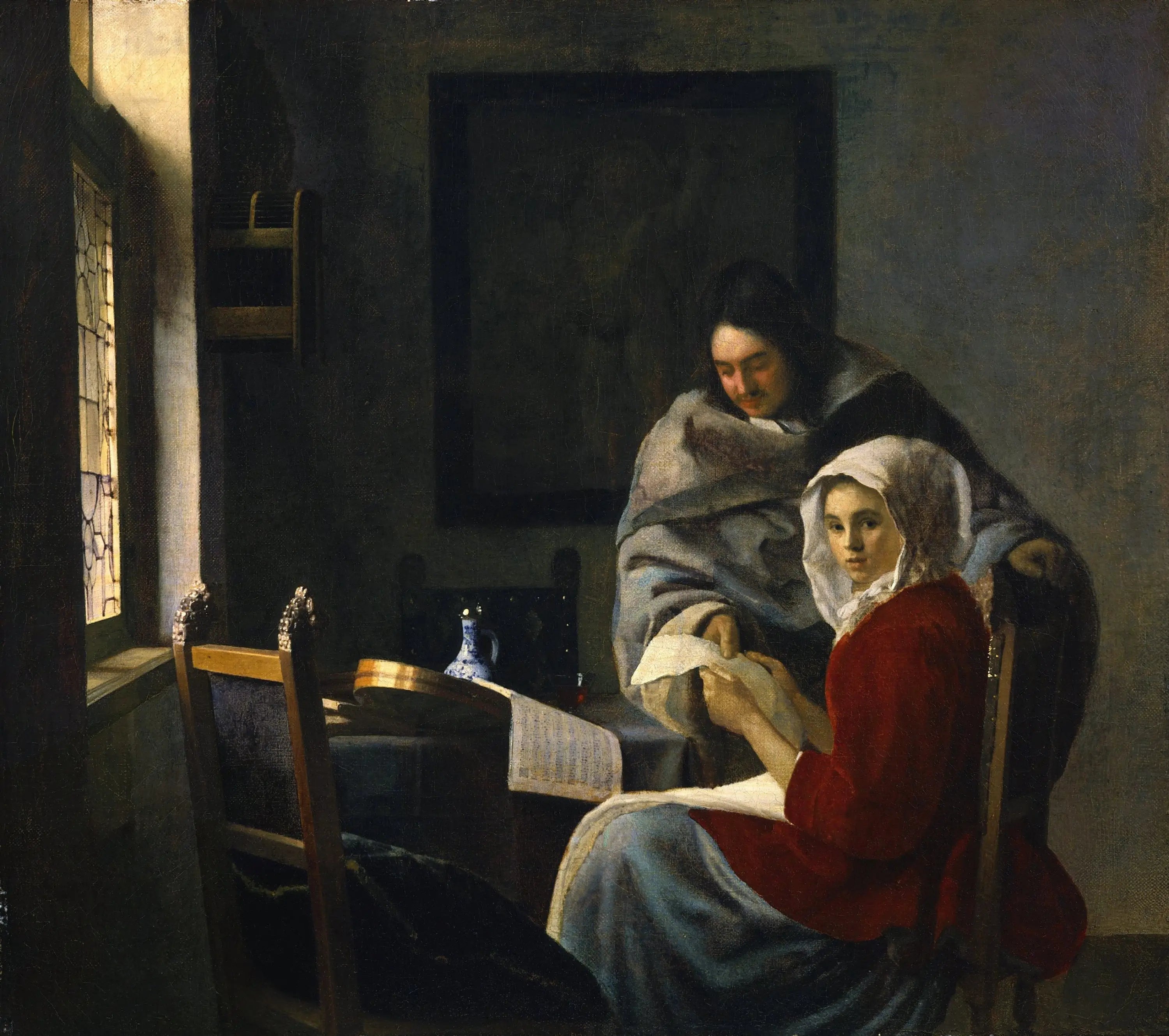 Reproduction du tableau « La Leçon de musique interrompue - Johannes Vermeer » par Alpha Reproduction en peinture à l’huile