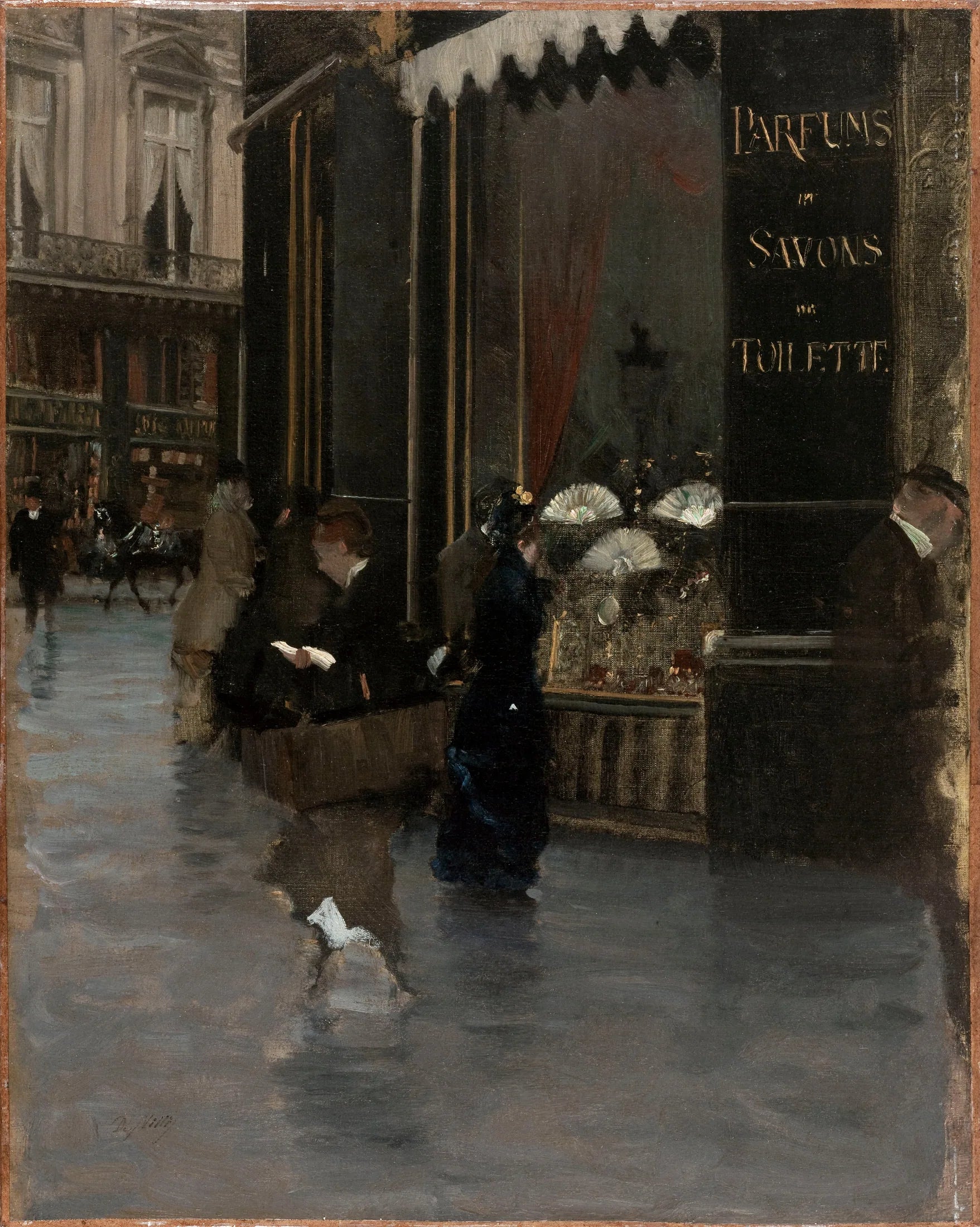 La parfumerie Violet, à l'angle du boulevard des Capucines et de la rue Scribe - Giuseppe De Nittis image 1 tableau peint à l’huile sur toile