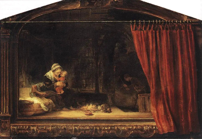 La Sainte Famille avec un rideau - Rembrandt
