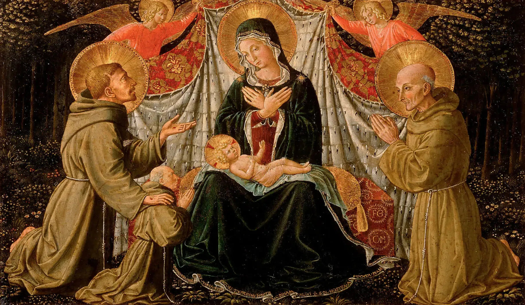 La Vierge à l'Enfant avec saint François et le donateur Père Jacopo da Montefalco (à gauche) et saint Bernard de Sienne (à droite) - Benozzo Gozzoli image 1 reproduction réalisée par Alpha Reproduction