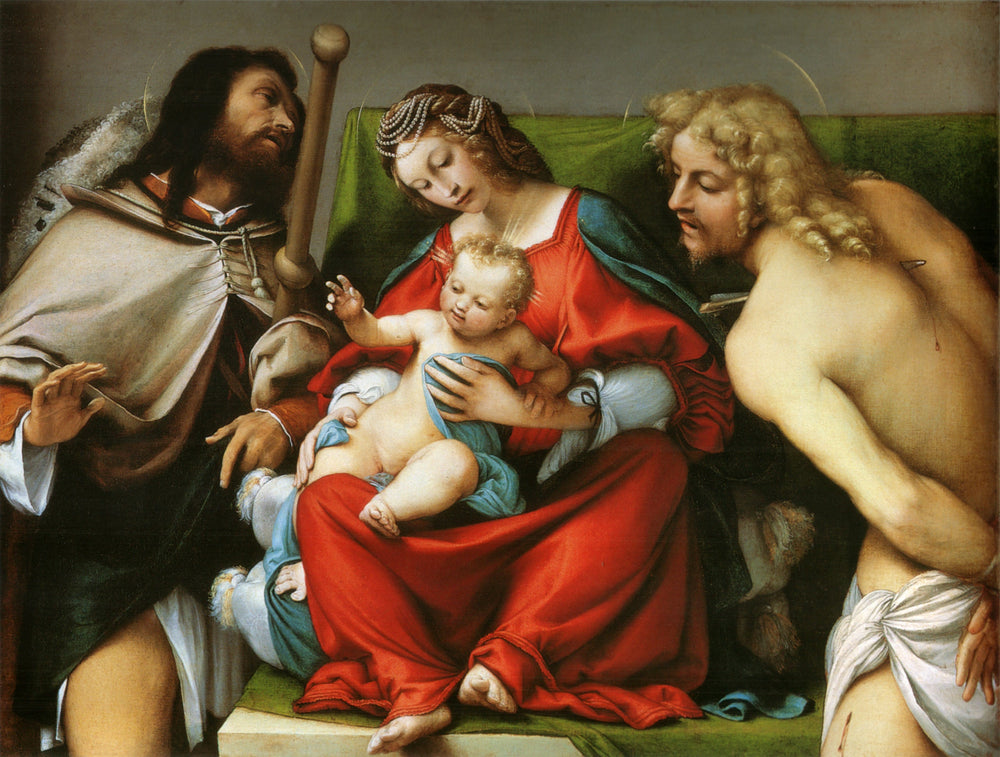La Vierge à l'Enfant et les saints Rock et Sébastien - Lorenzo Lotto image 1 reproduction de peinture à l’huile
